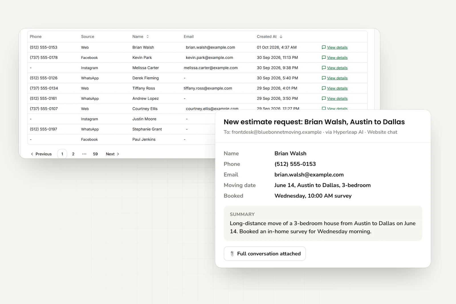 Moving inquiries from website, WhatsApp, Instagram, and Facebook in one list, and the email the team receives with contact details, moving date and route, booked survey time, and a short summary