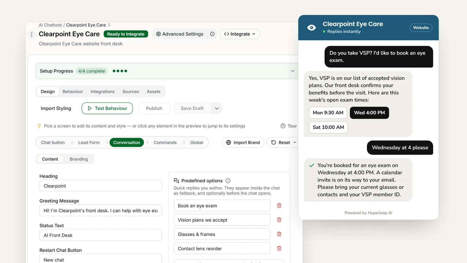 An optometry practice's AI front desk in Hyperleap AI: the editor with the practice's quick replies, and the website chat answering a VSP question and booking an eye exam