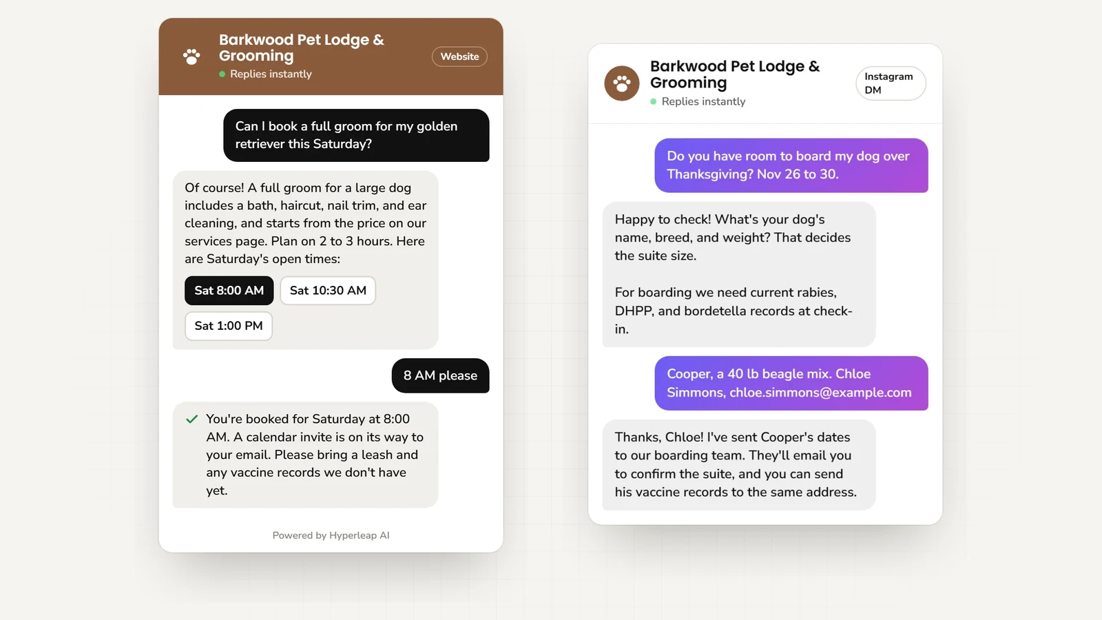 Two example conversations: on the website an owner books a Saturday full groom for a golden retriever; on Instagram DM an owner asks about Thanksgiving boarding, is told which vaccine records are required, and the dates are sent to the boarding team to confirm