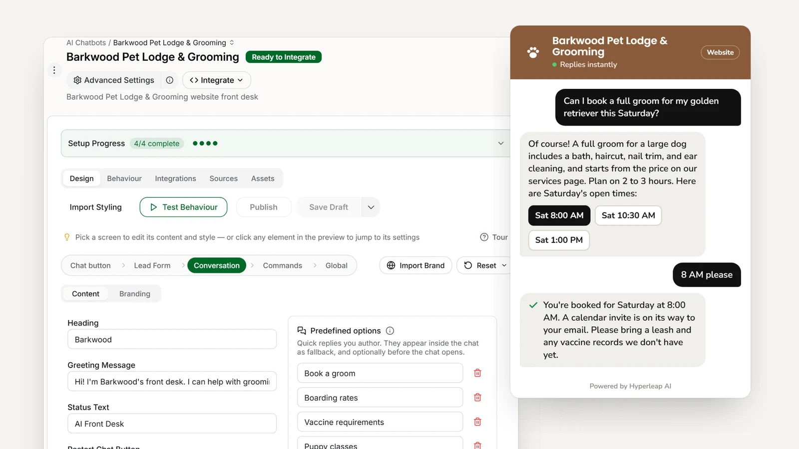 A grooming and boarding business's AI front desk in Hyperleap AI: the editor with quick replies for grooming, boarding rates, and vaccine requirements, and the website chat booking a full groom for a golden retriever
