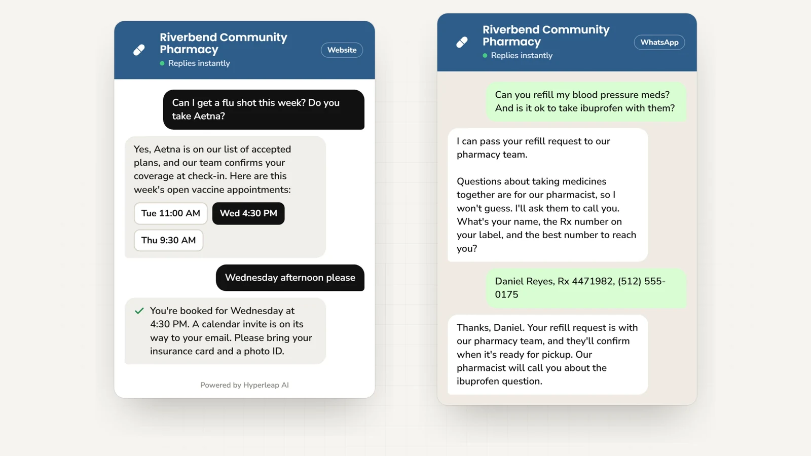 Two example conversations: on the website a patient asks whether Aetna is accepted and books a flu shot; on WhatsApp a patient requests a blood pressure refill and asks about ibuprofen, and the AI passes the refill to the pharmacy team and asks the pharmacist to call back instead of answering