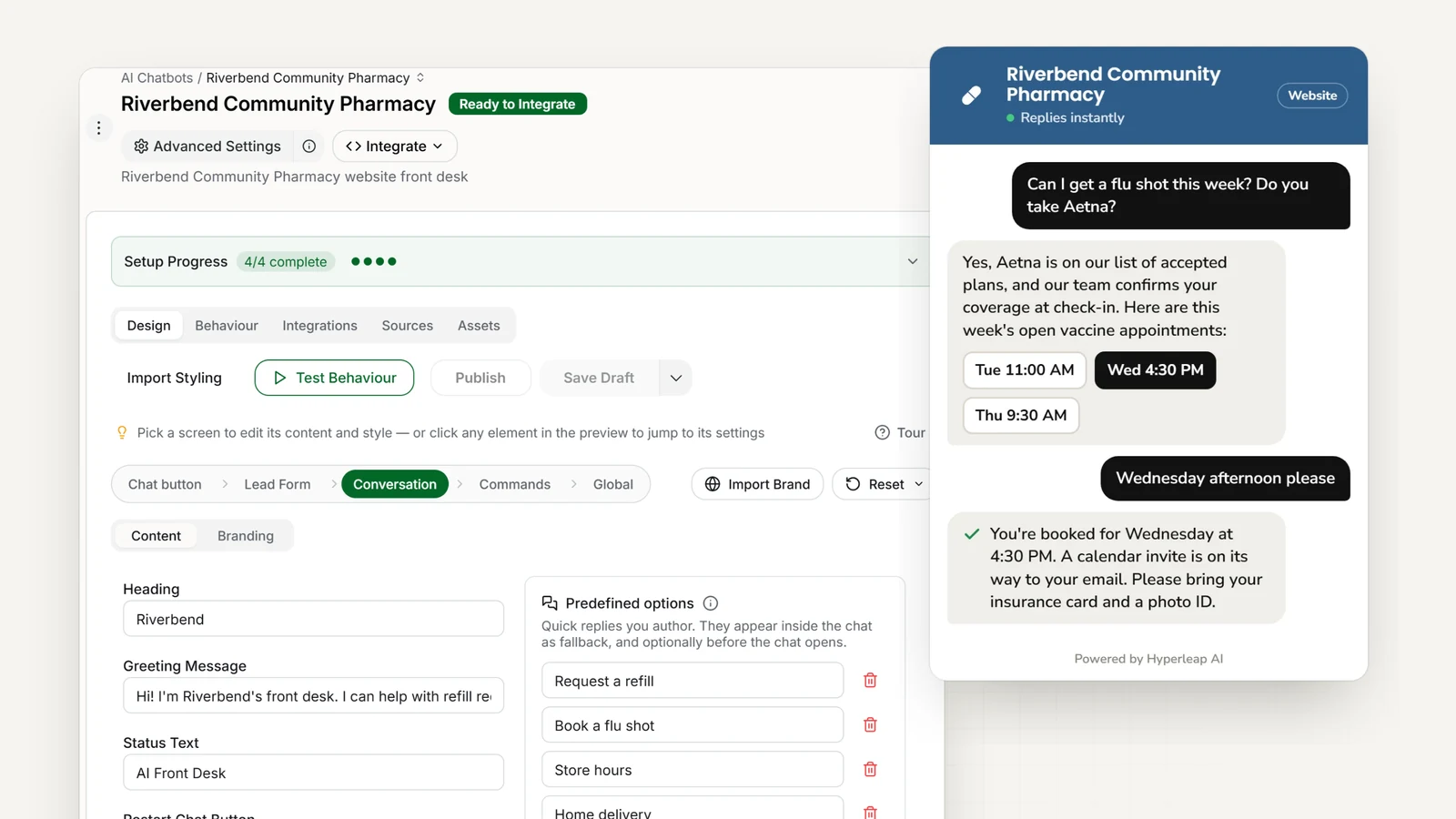 A pharmacy's AI front desk in Hyperleap AI: the editor with quick replies for refill requests, flu shots, store hours, and delivery, and the website chat answering an insurance question and booking a flu shot