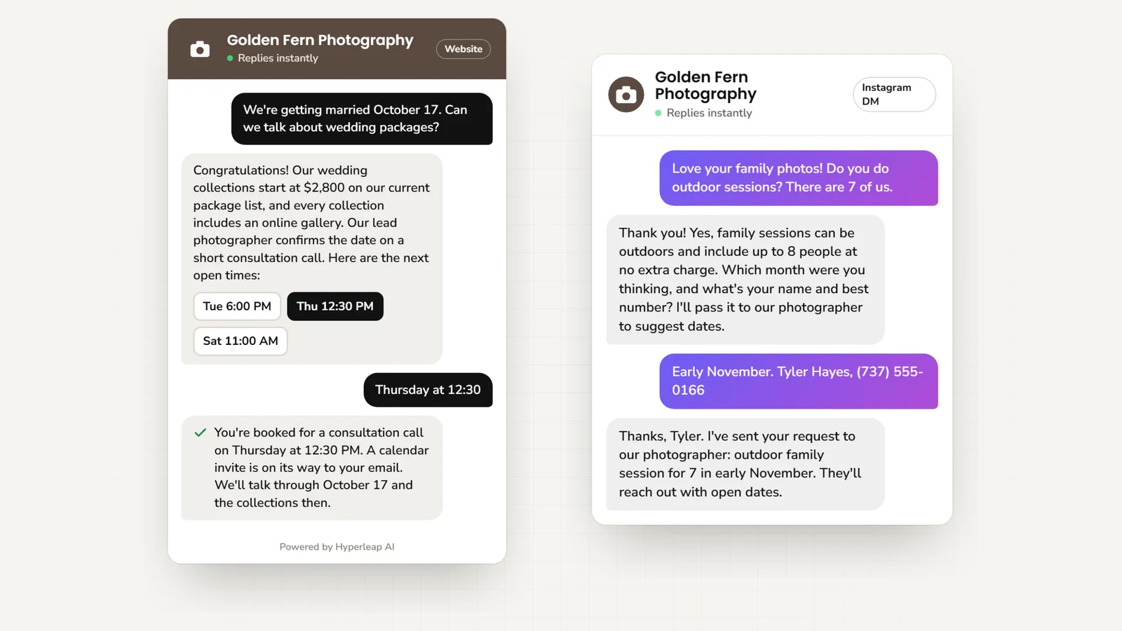 Two example conversations: on the website a couple asks about wedding packages and books a consultation call; on Instagram DM a client asks about an outdoor family session for 7 and the request goes to the photographer