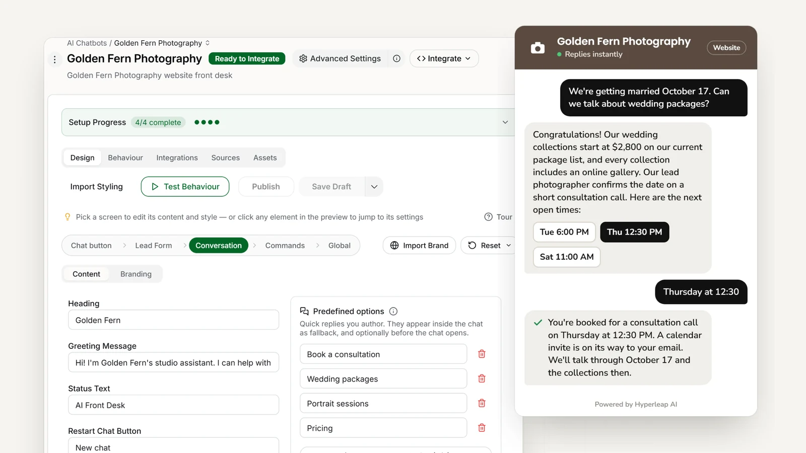 A photography studio's AI front desk in Hyperleap AI: the editor with the studio's quick replies, and the website chat answering a wedding package question and booking a consultation call