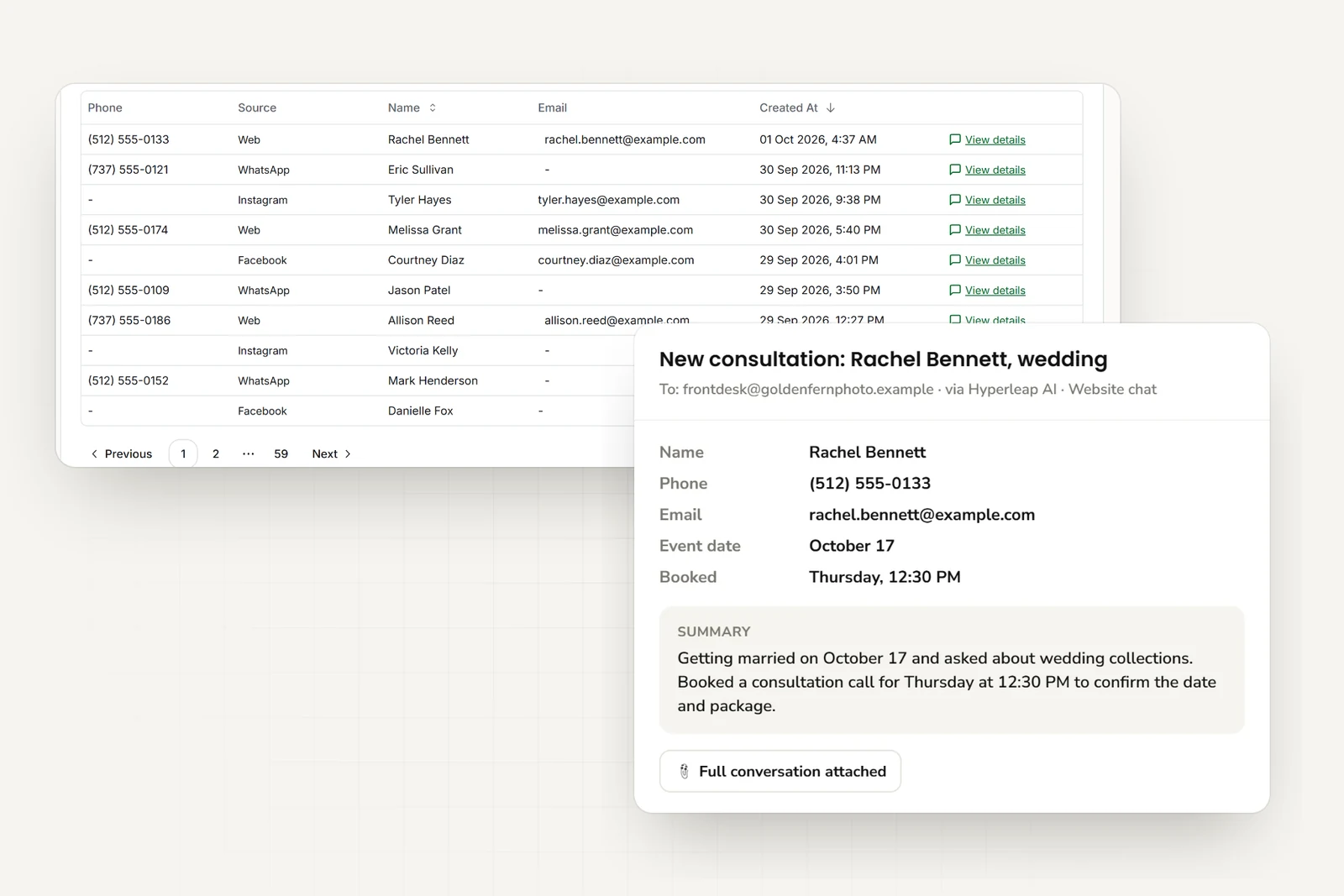 Client inquiries from website, WhatsApp, Instagram, and Facebook, and the email the photographer receives with contact details, event date, the booked call, and a short summary