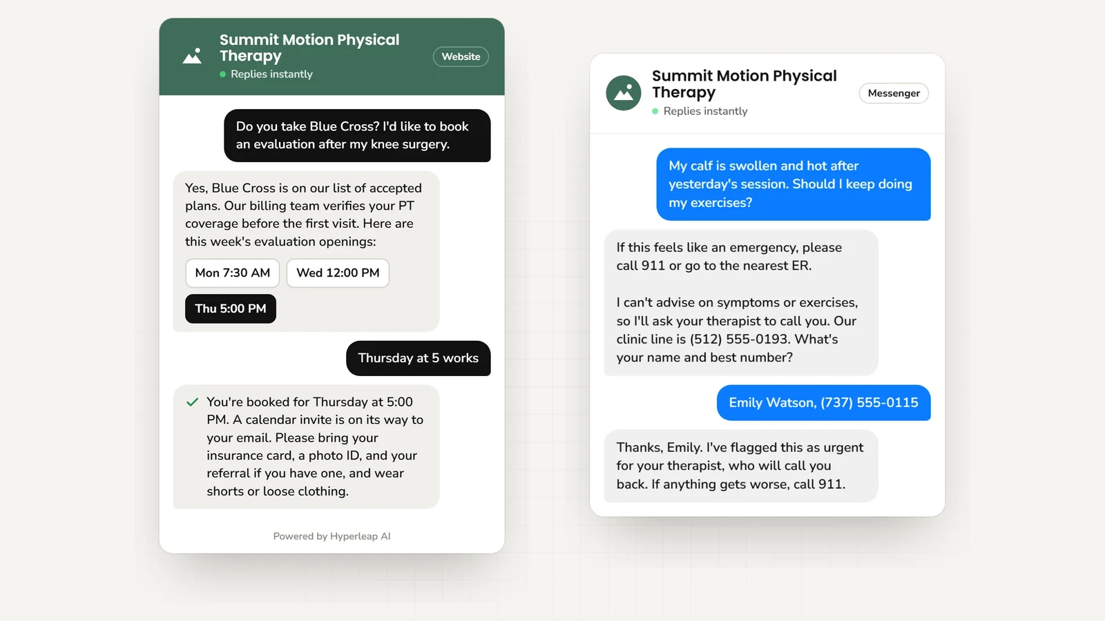 Two example conversations: on the website a patient asks about Blue Cross and books an evaluation after knee surgery; on Messenger a patient describing a swollen calf is told to call 911 if it feels like an emergency, given the clinic line, and offered a call back from their therapist