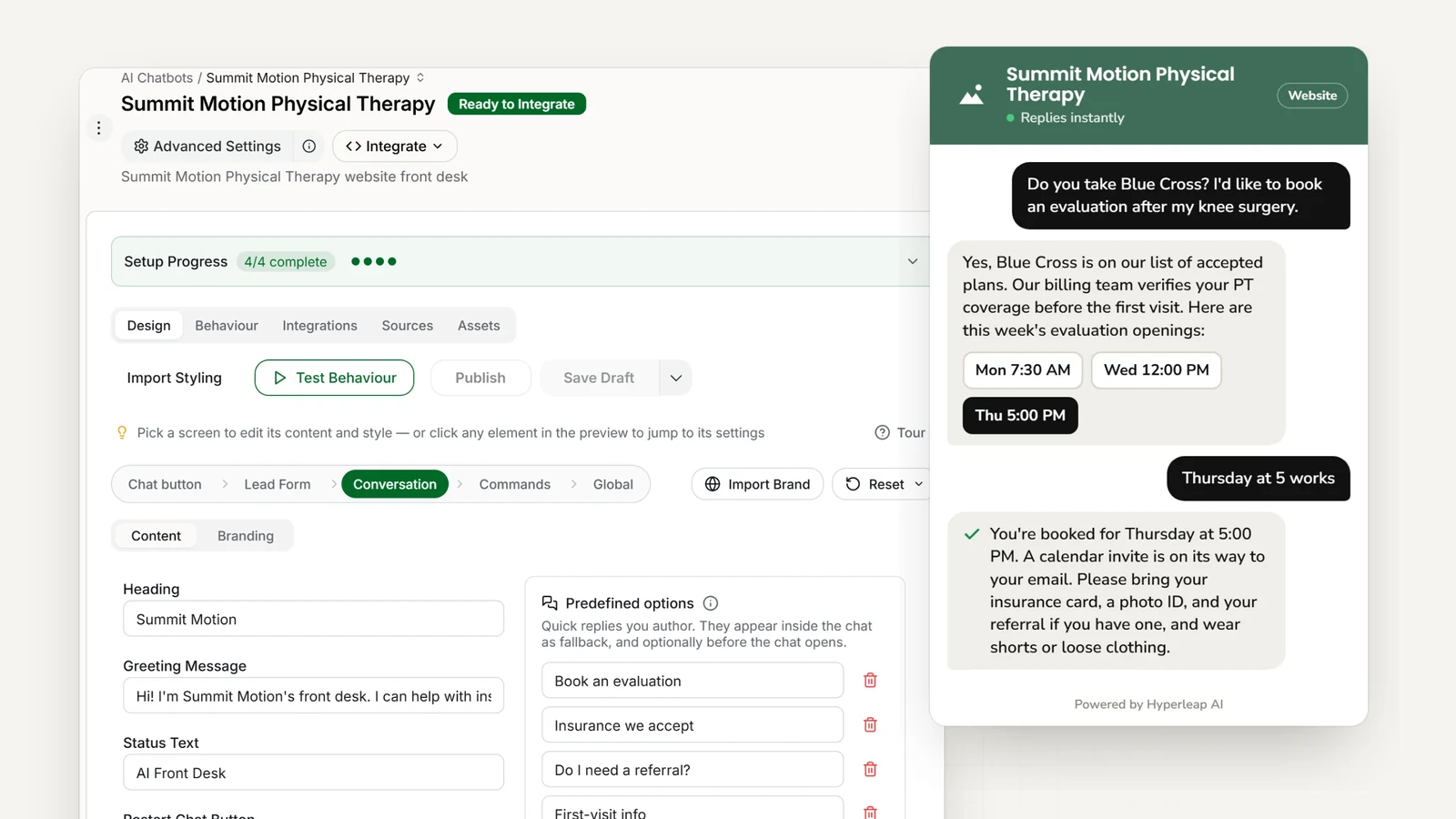 A physical therapy clinic's AI front desk in Hyperleap AI: the editor with quick replies for evaluations, insurance, and referrals, and the website chat answering an insurance question and booking a post-surgery evaluation