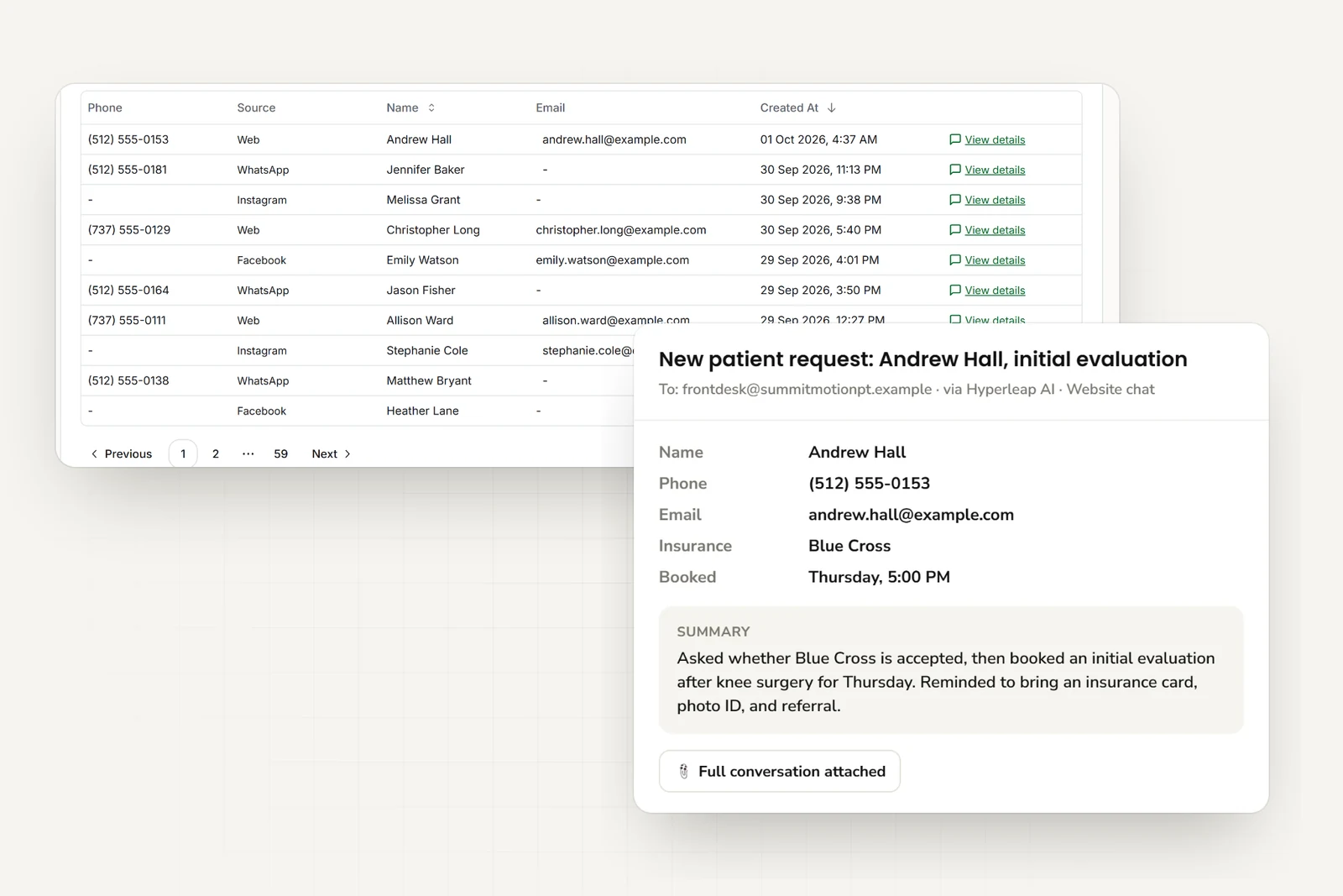 Patient inquiries from website, WhatsApp, Instagram, and Facebook in one list, and the email the front desk receives with the patient's contact details, insurance, booked evaluation time, and a short summary
