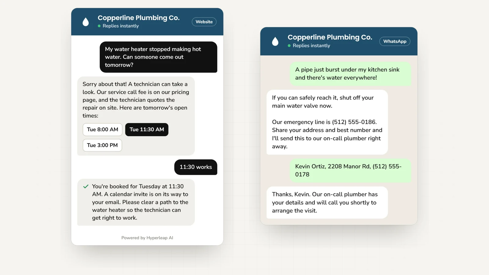 Two example conversations: on the website a customer with no hot water books a water heater service visit; on WhatsApp a customer with a burst pipe under the kitchen sink gets the shut-off note and emergency line, and their details go to the on-call plumber
