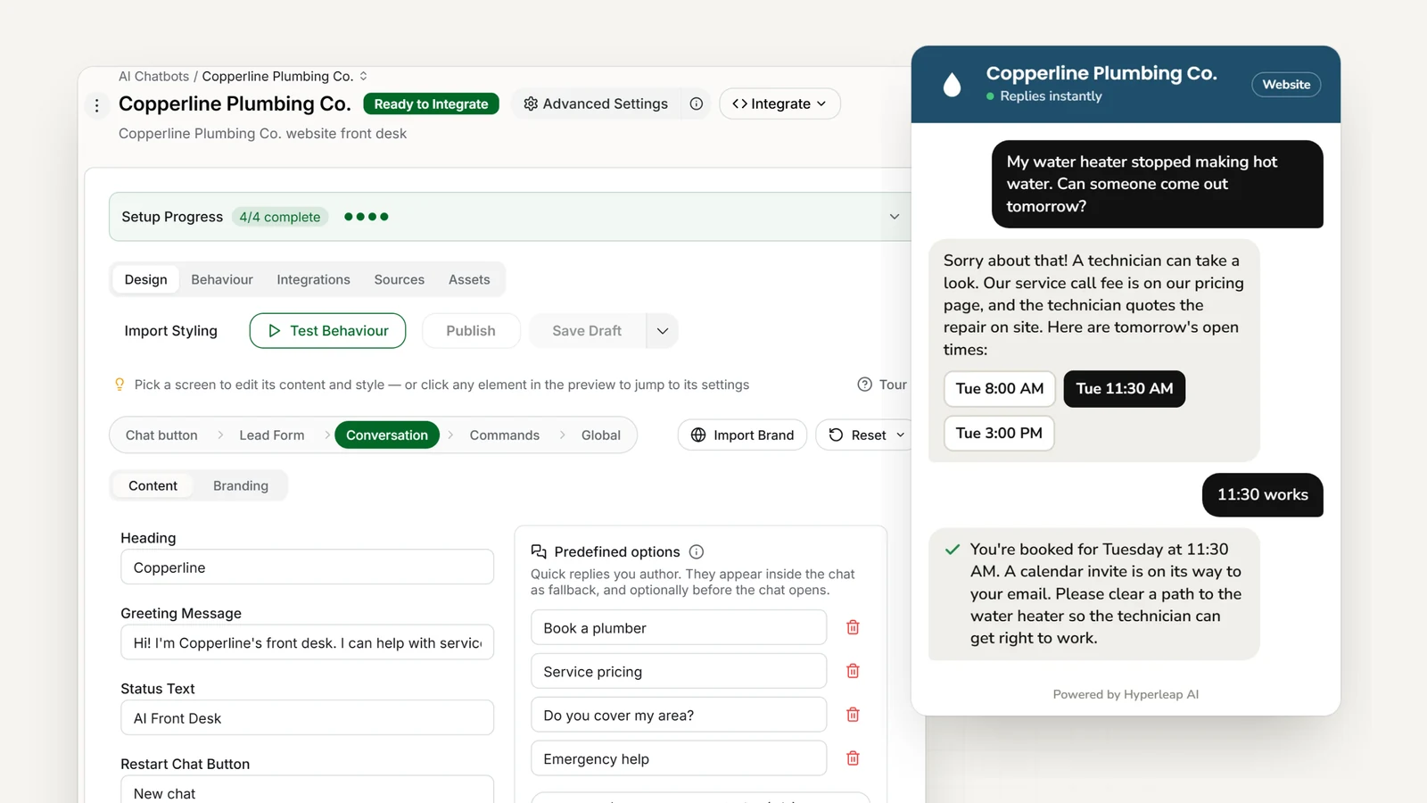 A plumbing company's AI front desk in Hyperleap AI: the editor with quick replies for booking a plumber, pricing, service area, and emergencies, and the website chat booking a water heater service visit