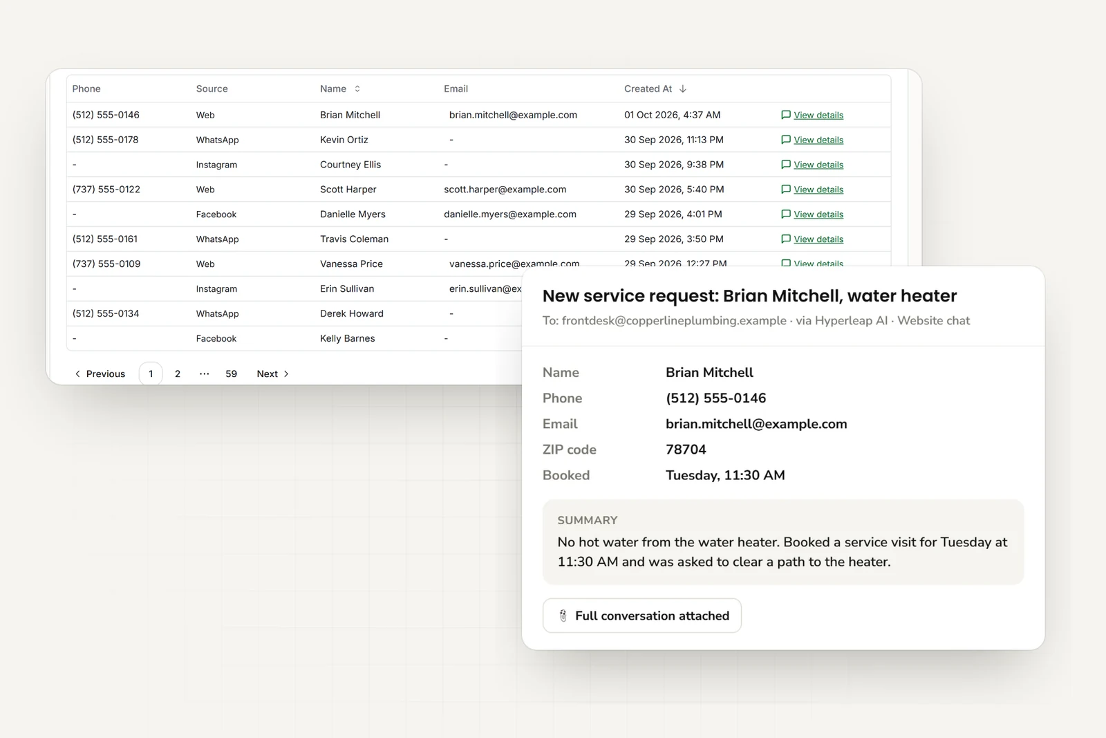 Service requests from website, WhatsApp, Instagram, and Facebook in one list, and the email the team receives with the customer's contact details, ZIP code, booked visit time, and a short summary of the problem