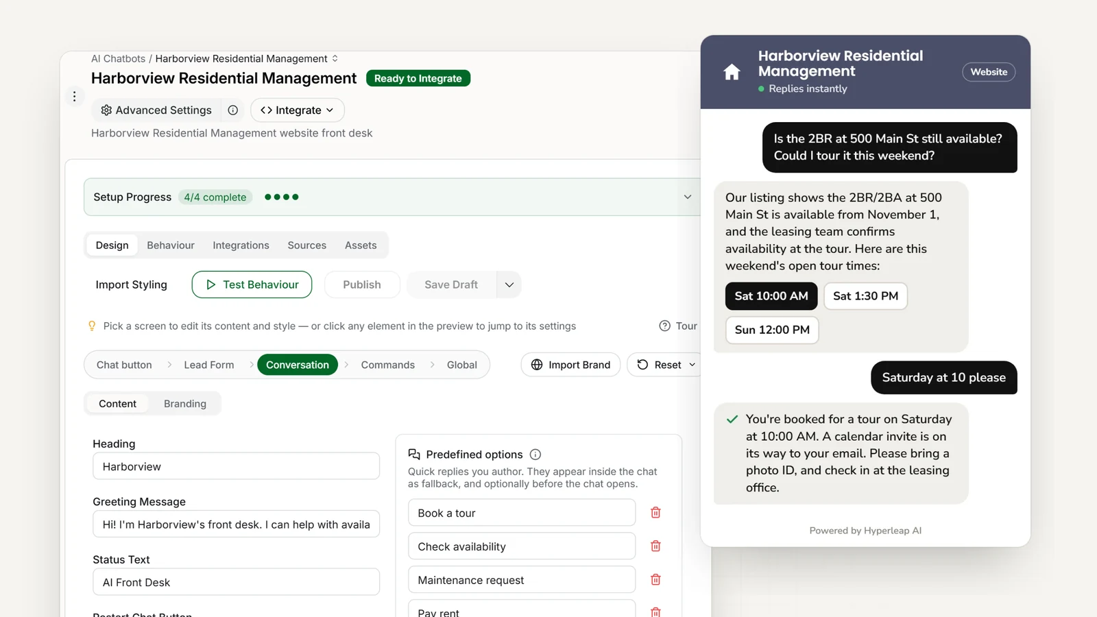 A property management company's AI front desk in Hyperleap AI: the editor with quick replies for tours, availability, maintenance requests, and rent payments, and the website chat answering an availability question and booking a tour of a 2-bedroom unit