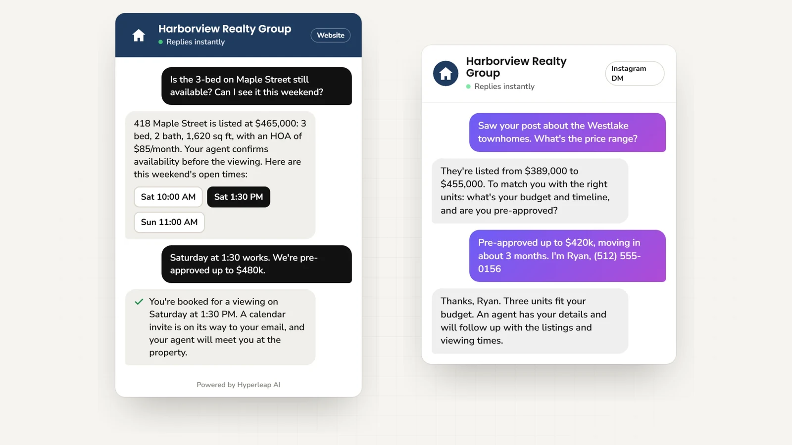 Two example conversations: on the website a buyer asks about a 3-bedroom listing and books a weekend viewing; on Instagram DM a buyer asking about townhomes shares budget, timeline, and pre-approval and is passed to an agent