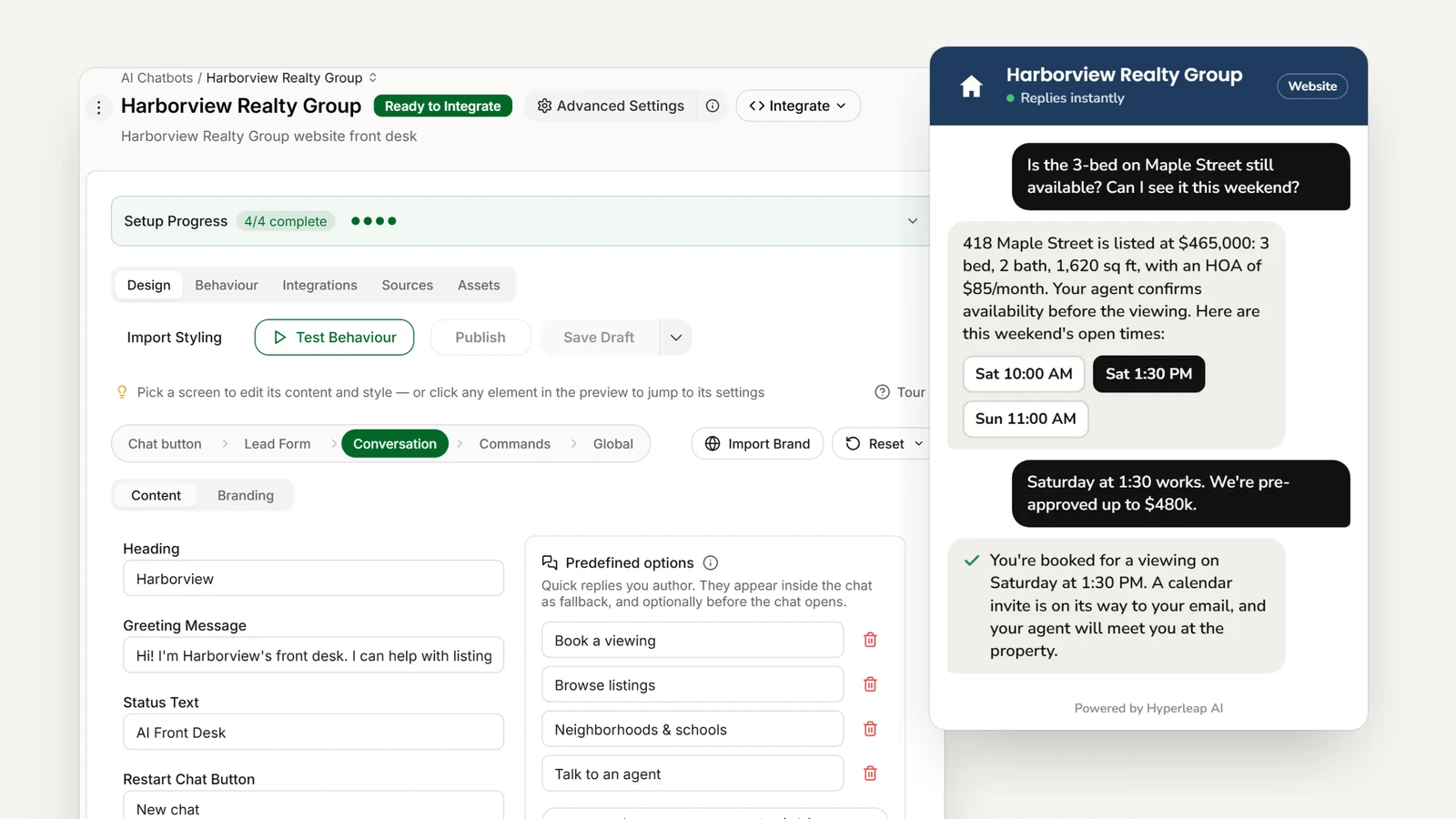 A real estate agency's AI front desk in Hyperleap AI: the editor with the agency's quick replies, and the website chat answering a question about a 3-bedroom listing and booking a Saturday viewing