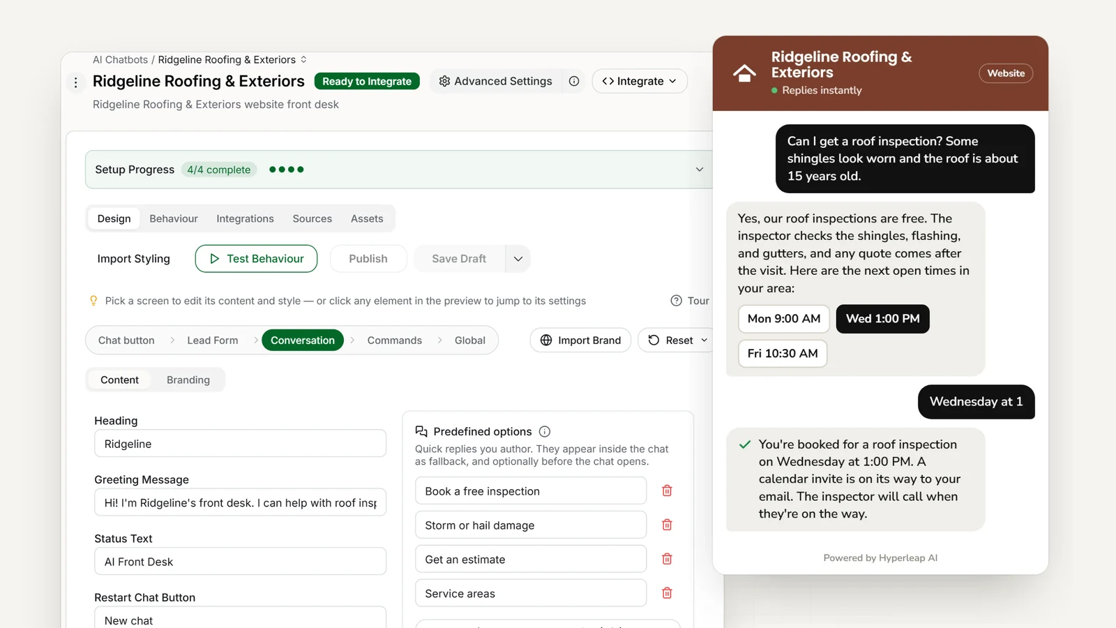 A roofing company's AI front desk in Hyperleap AI: the editor with the company's quick replies, and the website chat booking a free roof inspection
