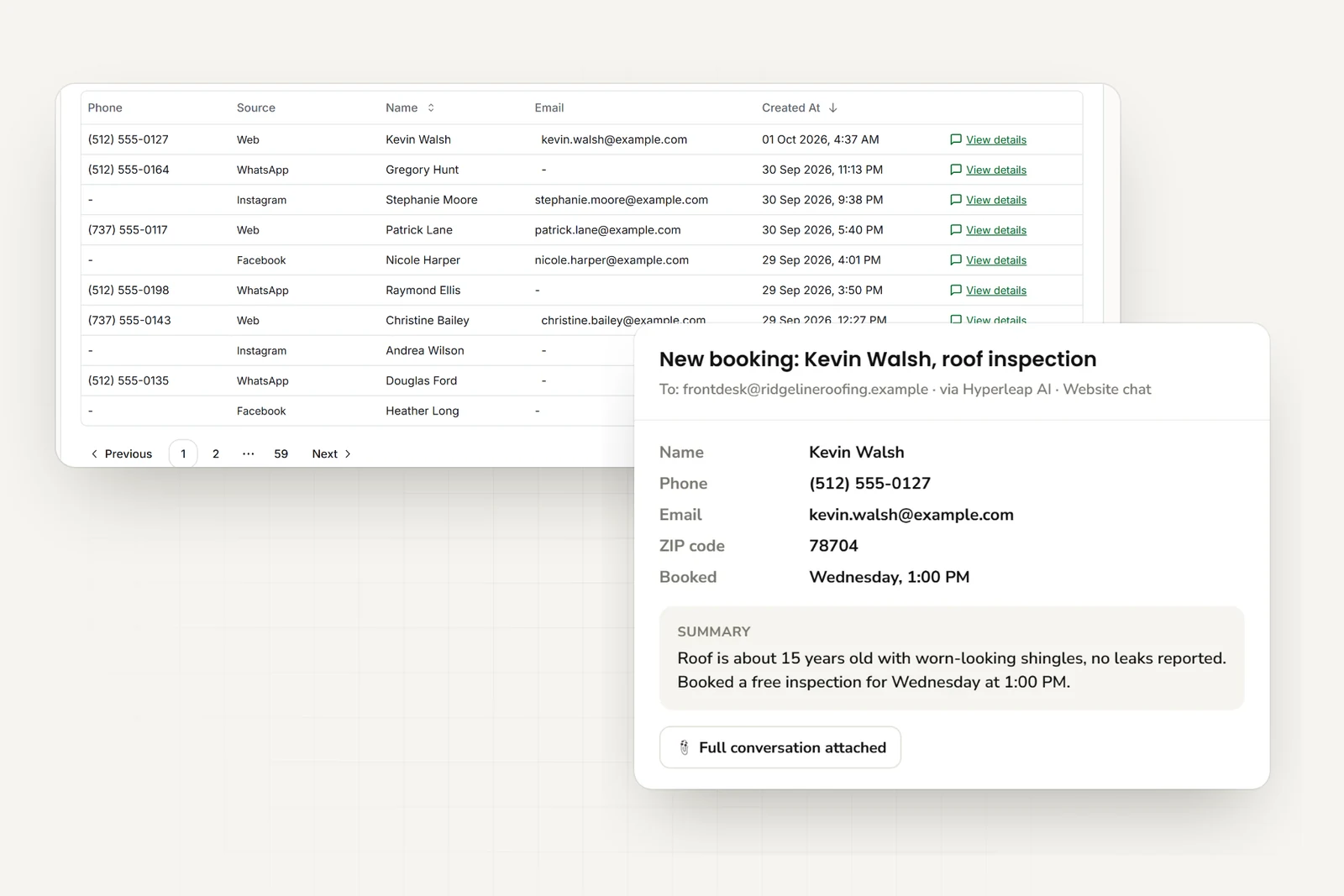 Homeowner inquiries from website, WhatsApp, Instagram, and Facebook, and the email the office receives with contact details, ZIP code, the booked inspection, and a short summary