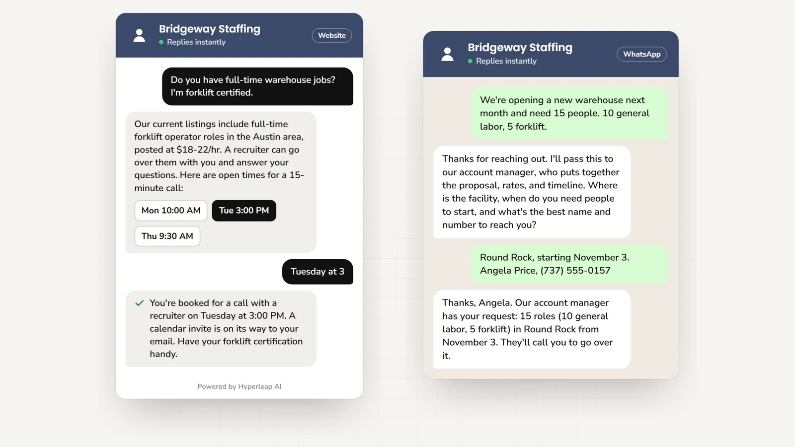 Two example conversations: on the website a forklift-certified candidate books a call with a recruiter; on WhatsApp an employer asks for 15 warehouse workers and the role, headcount, location, and start date go to the account manager