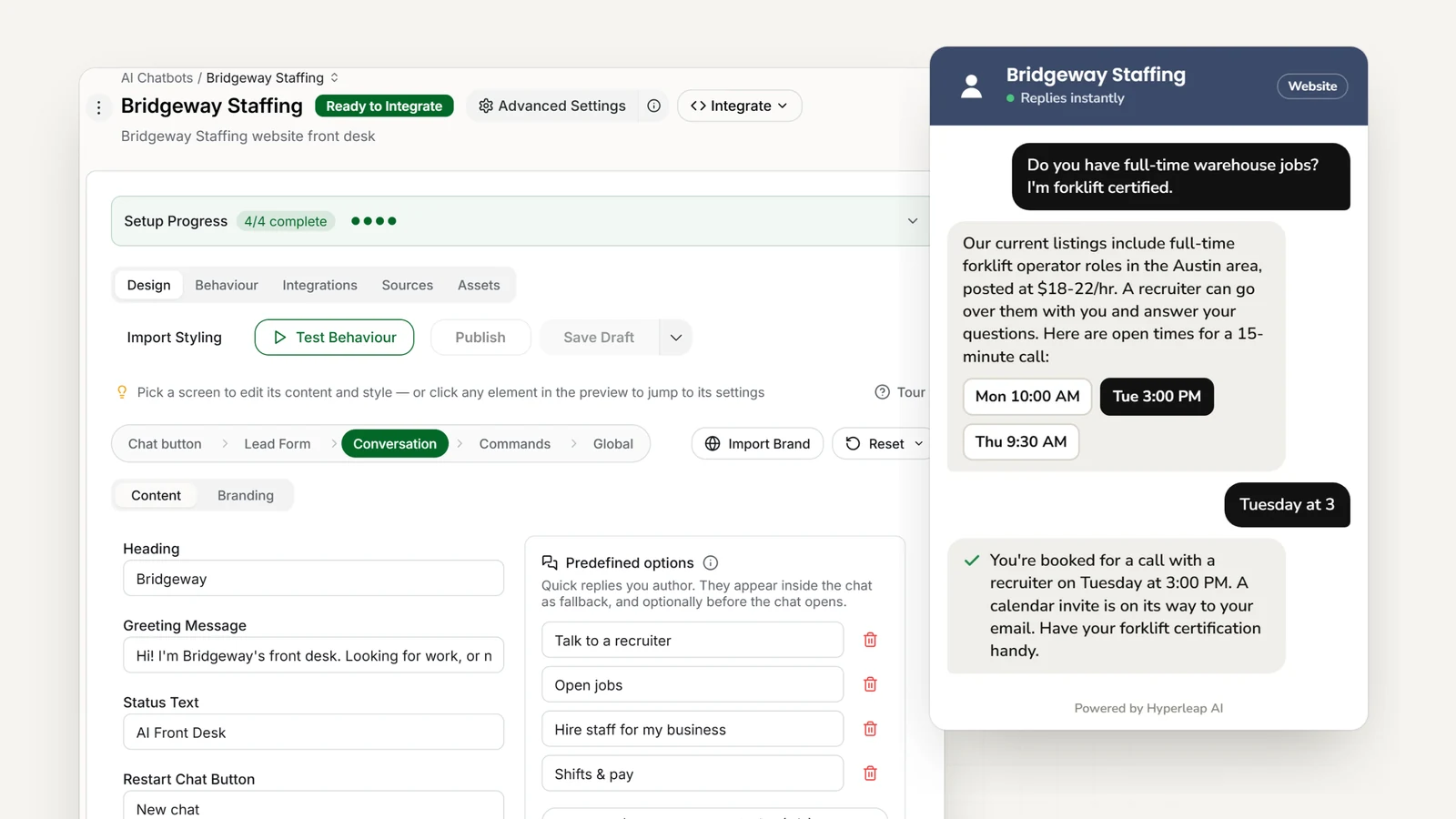 A staffing agency's AI front desk in Hyperleap AI: the editor with the agency's quick replies, and the website chat answering a candidate's question about warehouse roles and booking a recruiter call