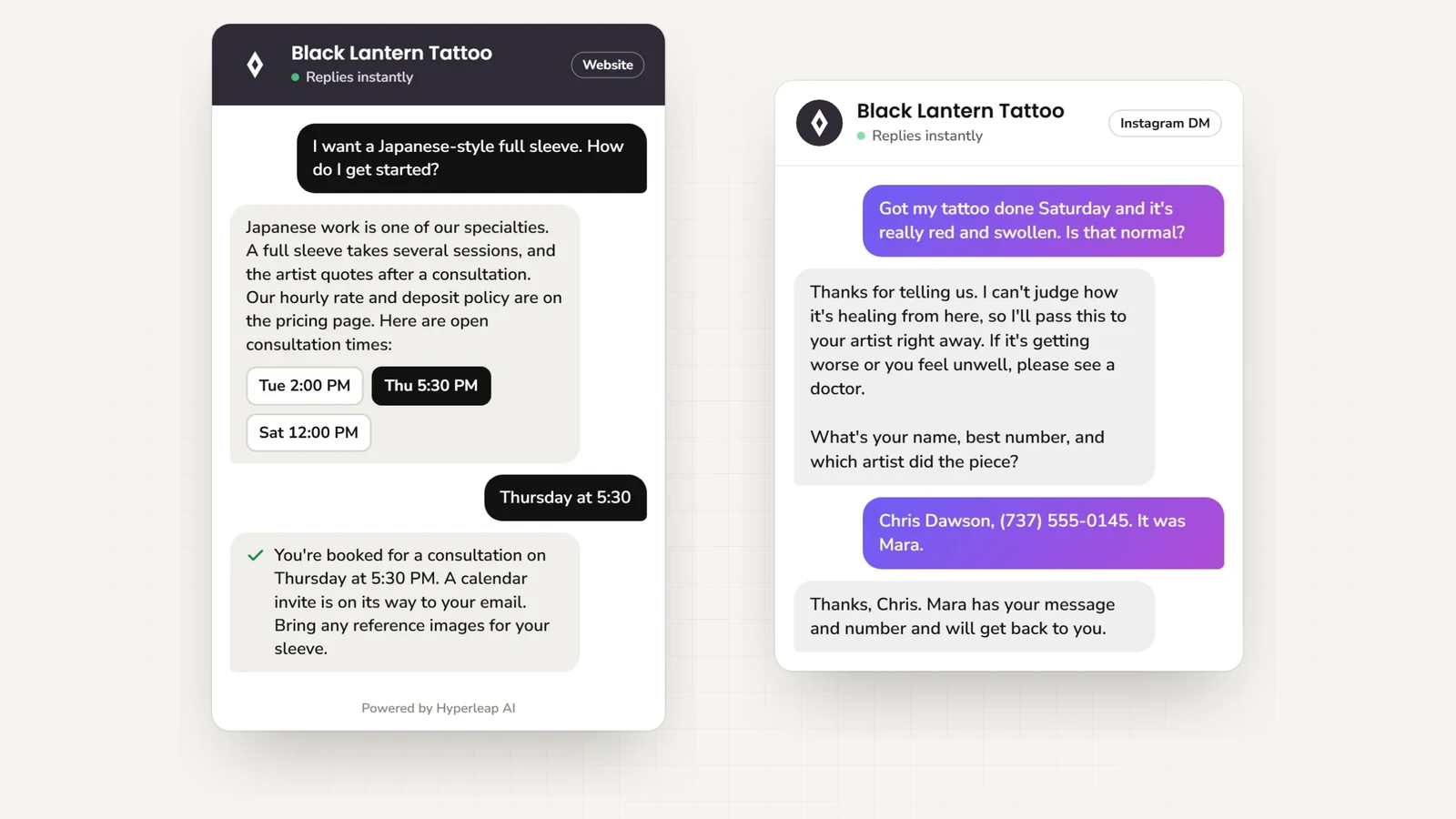 Two example conversations: on the website a client asks about a Japanese-style sleeve and books a consultation; on Instagram DM a client with a red, swollen new tattoo is told to see a doctor if worried and their details go to the artist