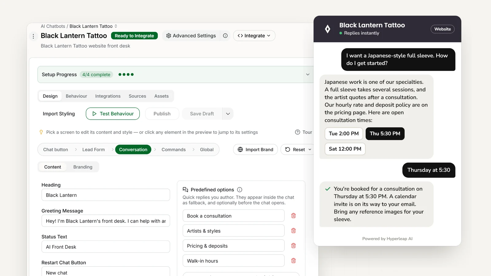 A tattoo studio's AI front desk in Hyperleap AI: the editor with the studio's quick replies, and the website chat answering a question about a Japanese-style sleeve and booking a consultation