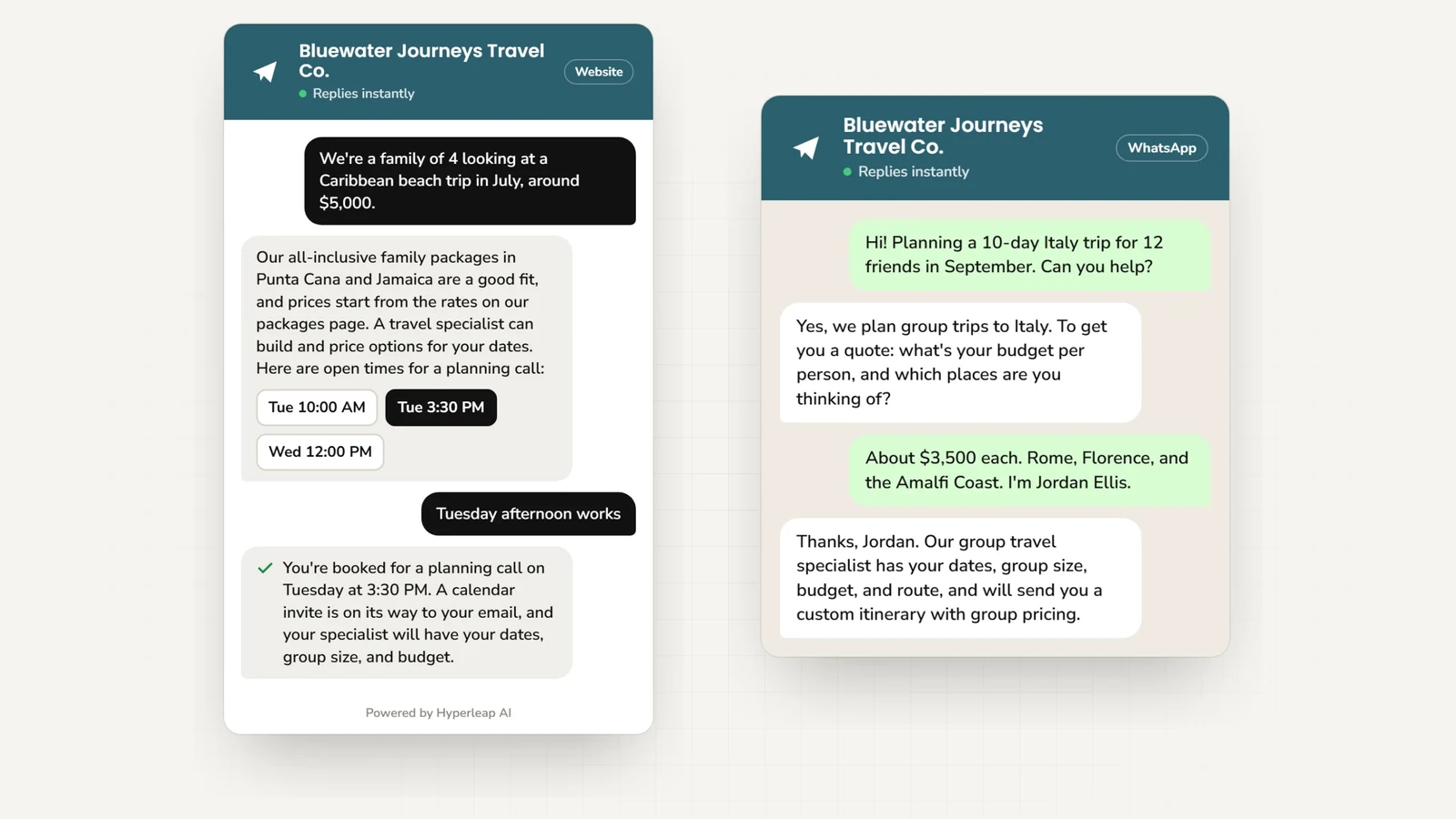 Two example conversations: on the website a family of four planning a Caribbean trip books a planning call with a travel specialist; on WhatsApp a traveler organizing a 12-person Italy trip shares budget and route and is passed to the group travel specialist