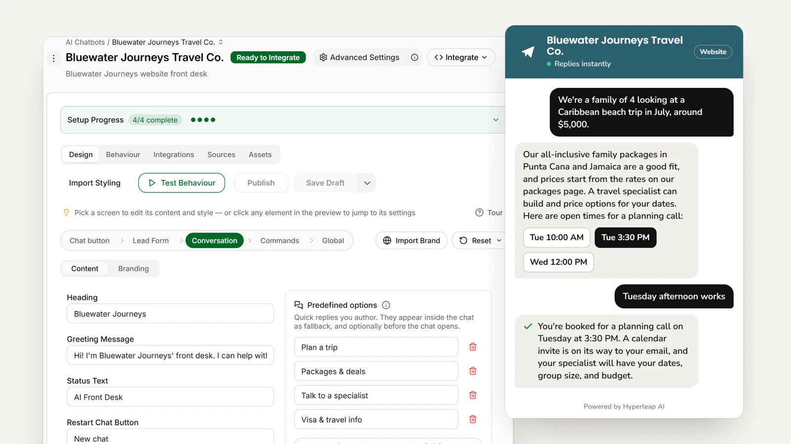 A travel agency's AI front desk in Hyperleap AI: the editor with the agency's quick replies, and the website chat answering a family's Caribbean trip question and booking a planning call with a travel specialist
