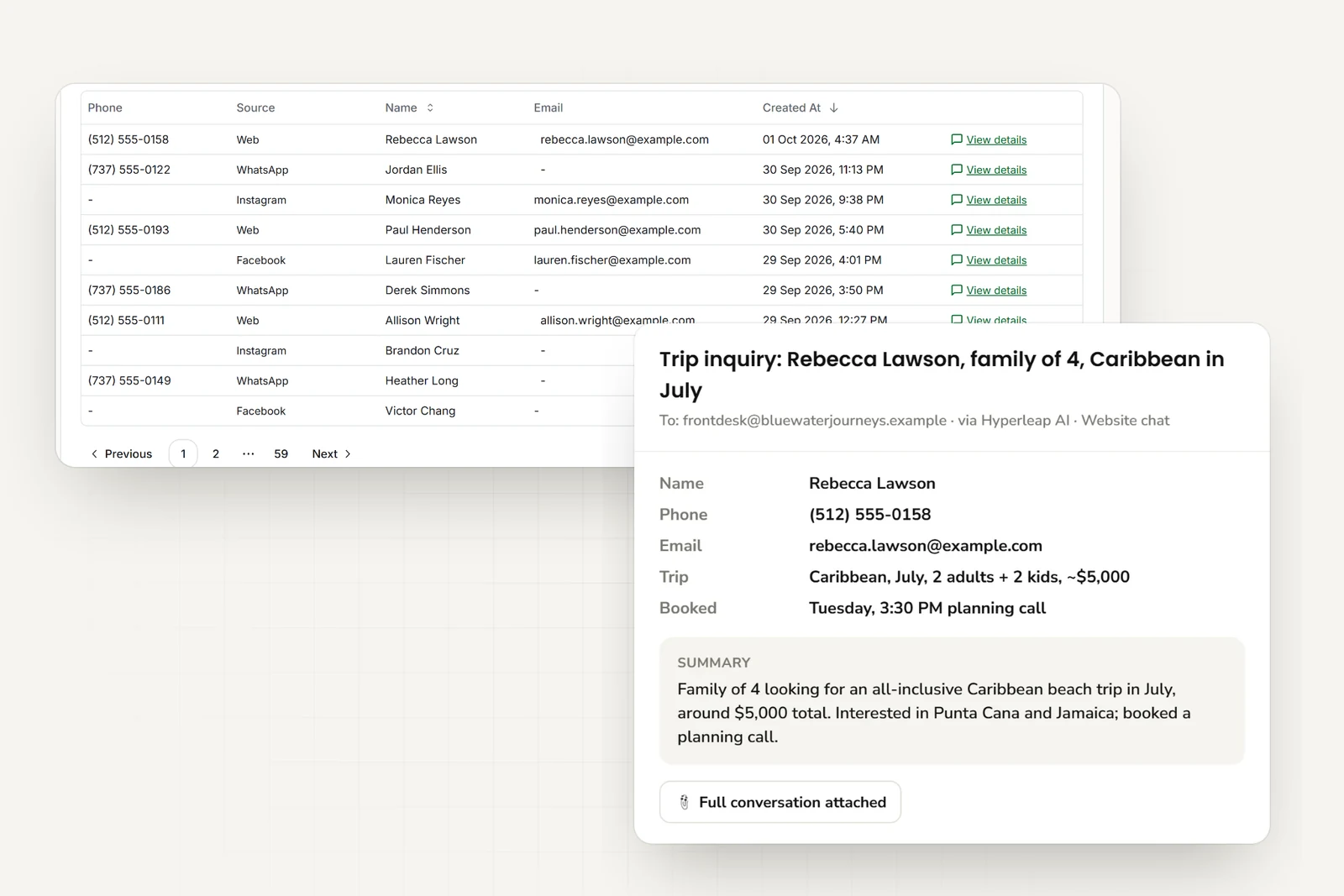 Traveler inquiries from website, WhatsApp, Instagram, and Facebook in one list, and the email the agency receives with contact details, trip details, the booked planning call, and a short summary