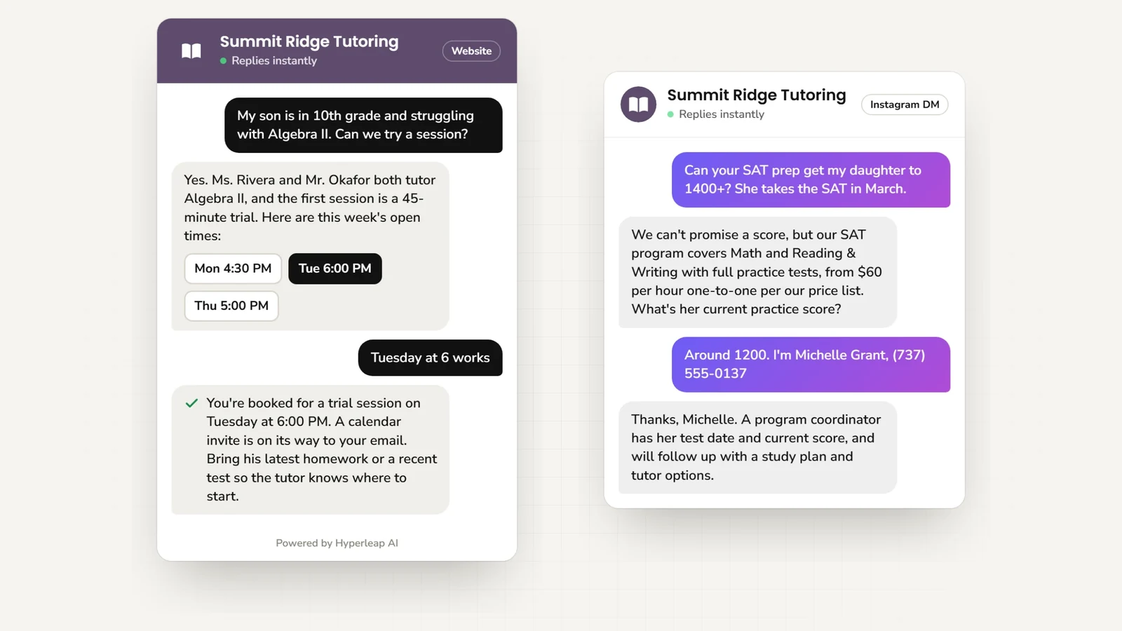 Two example conversations: on the website a parent of a 10th grader struggling with Algebra II books a trial session; on Instagram DM a parent asking about SAT prep is told the center can't promise a score, shares the current practice score, and is passed to a program coordinator