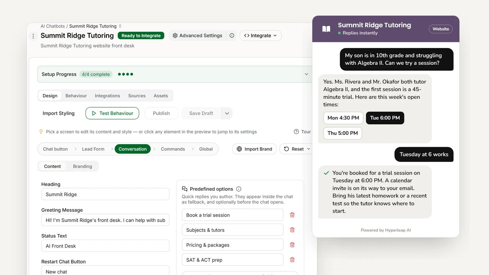 A tutoring center's AI front desk in Hyperleap AI: the editor with the center's quick replies, and the website chat suggesting Algebra II tutors and booking a trial session