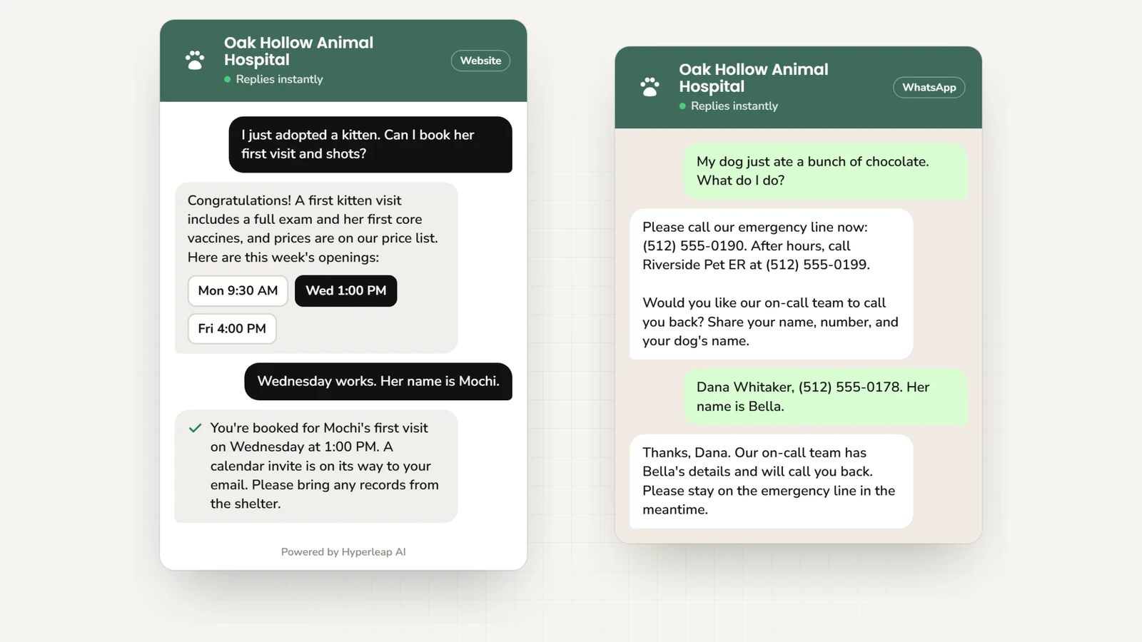 Two example conversations: on the website a new kitten owner books a first visit with vaccines; on WhatsApp an owner whose dog ate chocolate is given the clinic's emergency line and the after-hours pet ER first, then offered a call back from the on-call team