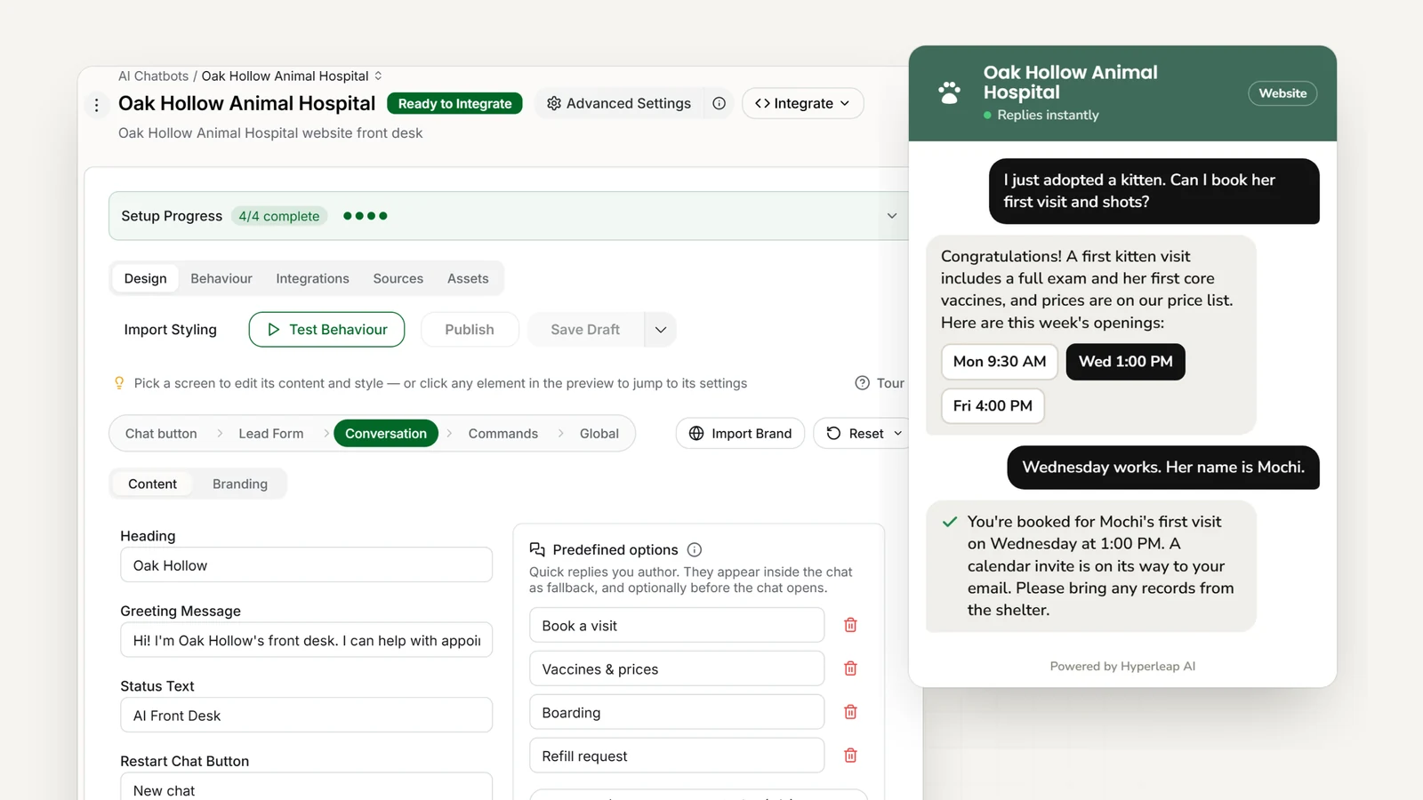 A veterinary clinic's AI front desk in Hyperleap AI: the editor with the clinic's quick replies, and the website chat booking a new kitten's first visit and vaccines