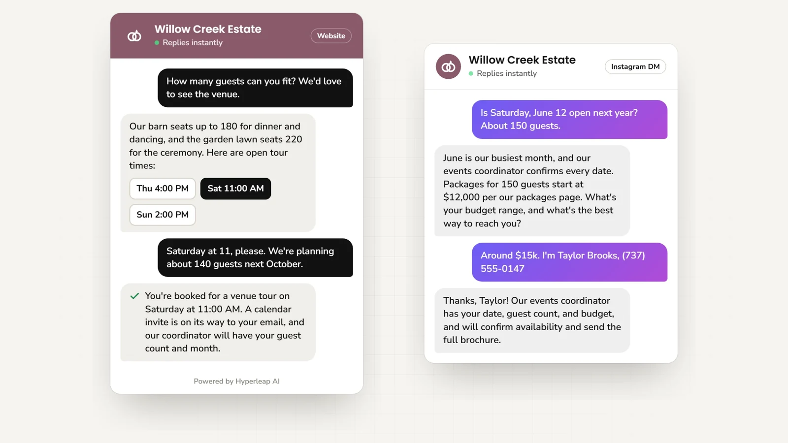 Two example conversations: on the website a couple asks about capacity and books a Saturday venue tour; on Instagram DM a couple asking whether a June date is open shares guest count and budget, and the events coordinator is asked to confirm availability