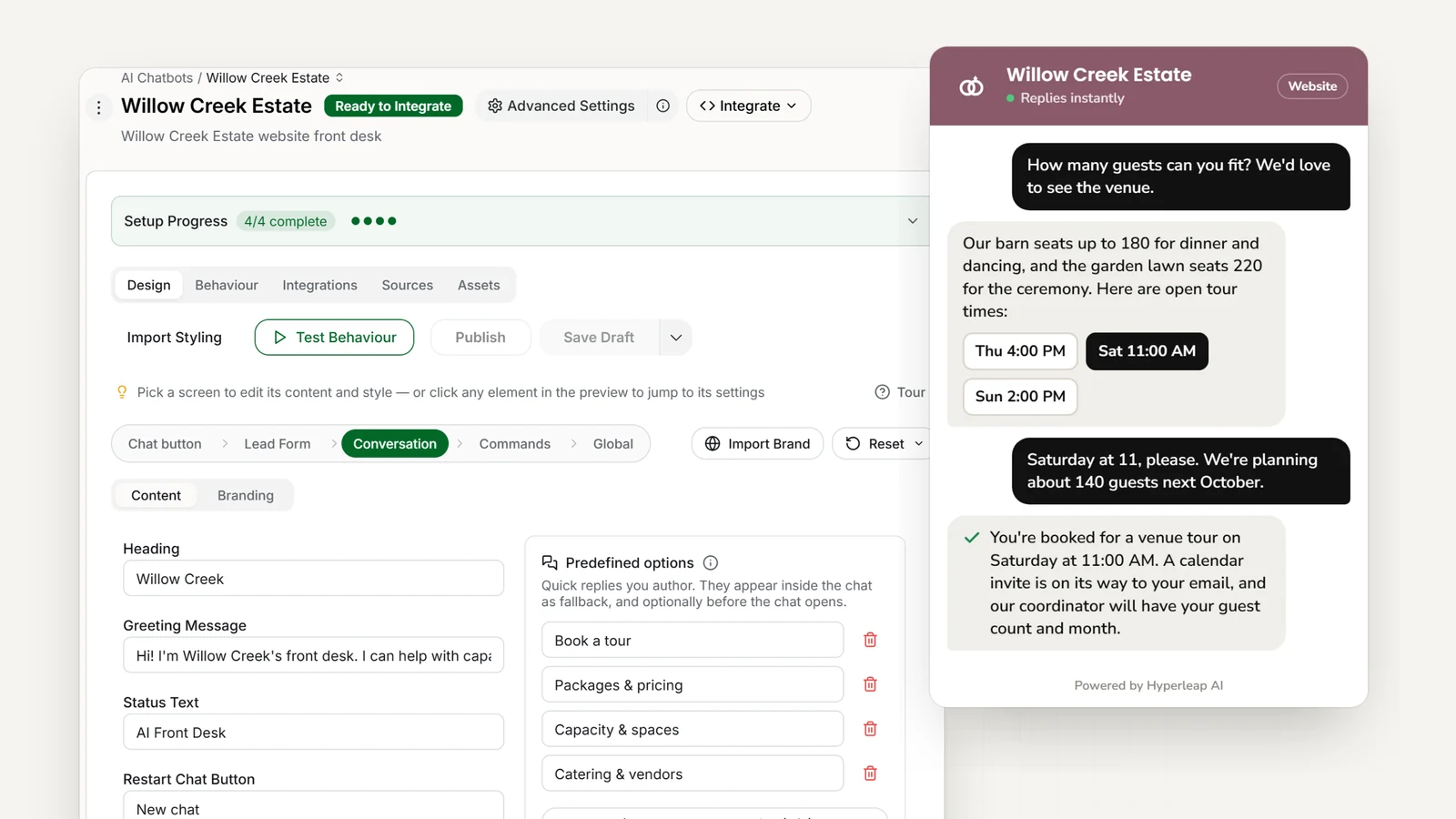 A wedding venue's AI front desk in Hyperleap AI: the editor with the venue's quick replies, and the website chat answering a capacity question and booking a Saturday venue tour