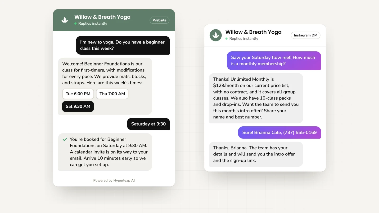 Two example conversations: on the website a new student books Beginner Foundations for Saturday; on Instagram DM someone asks about monthly membership pricing and leaves their details for the intro offer