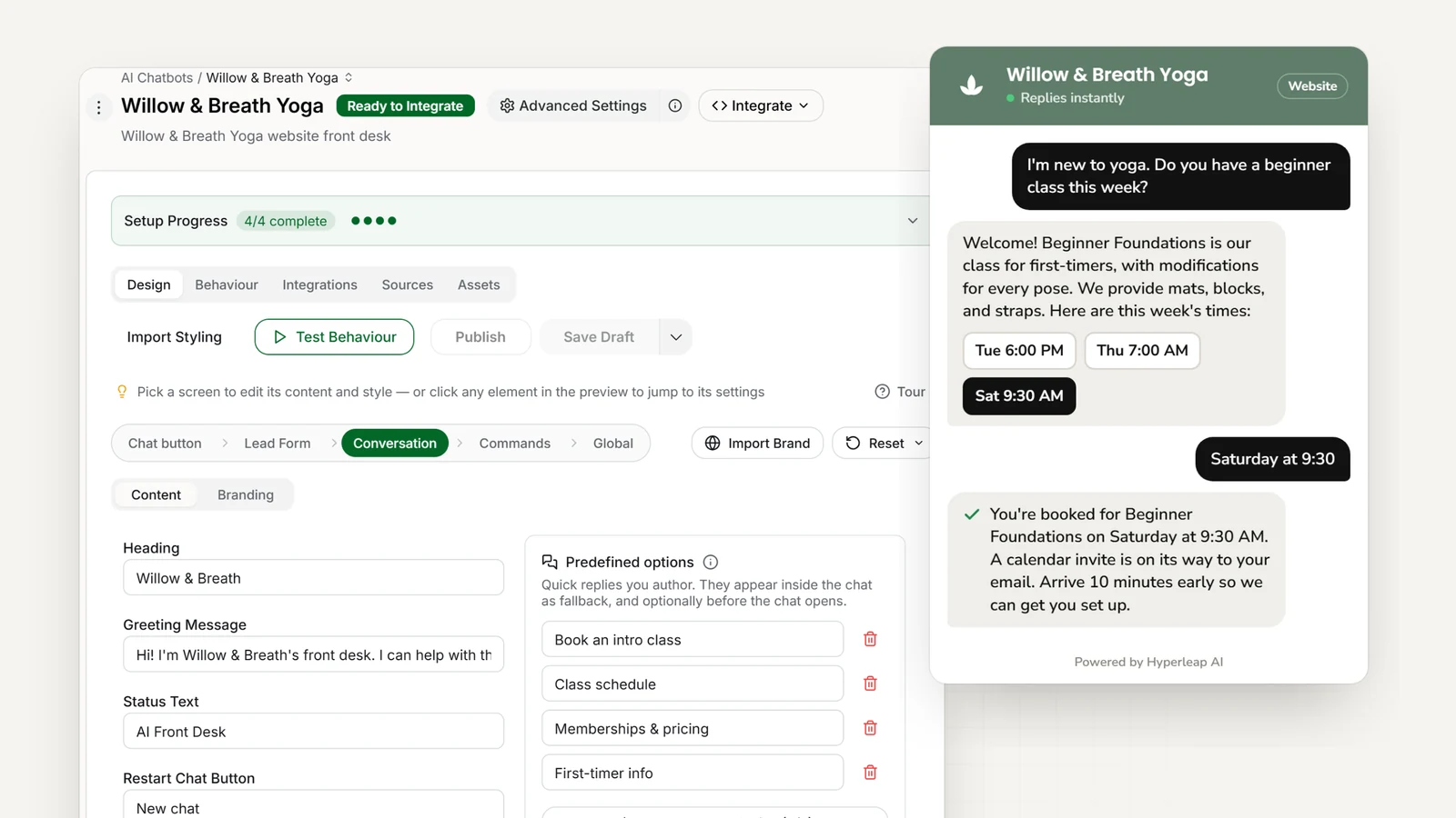 A yoga studio's AI front desk in Hyperleap AI: the editor with the studio's quick replies, and the website chat welcoming a beginner and booking an intro class