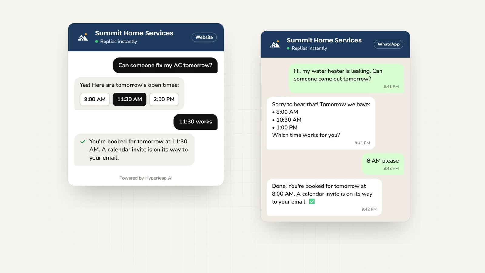 Booking in the chat: on the website the customer taps an open time and gets a confirmation; on WhatsApp the agent lists the times in text and confirms the booking