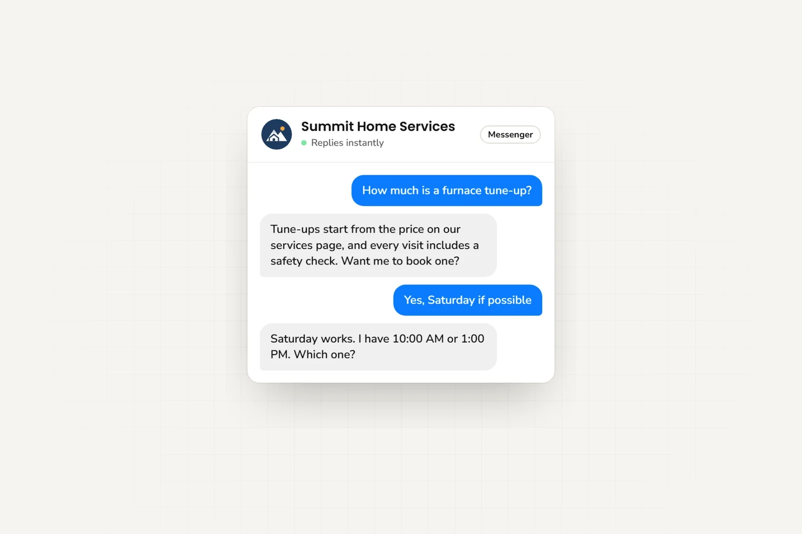 A Messenger conversation with a sample home-services business: the customer asks the price of a furnace tune-up, and the AI agent answers from the services page and offers two Saturday times