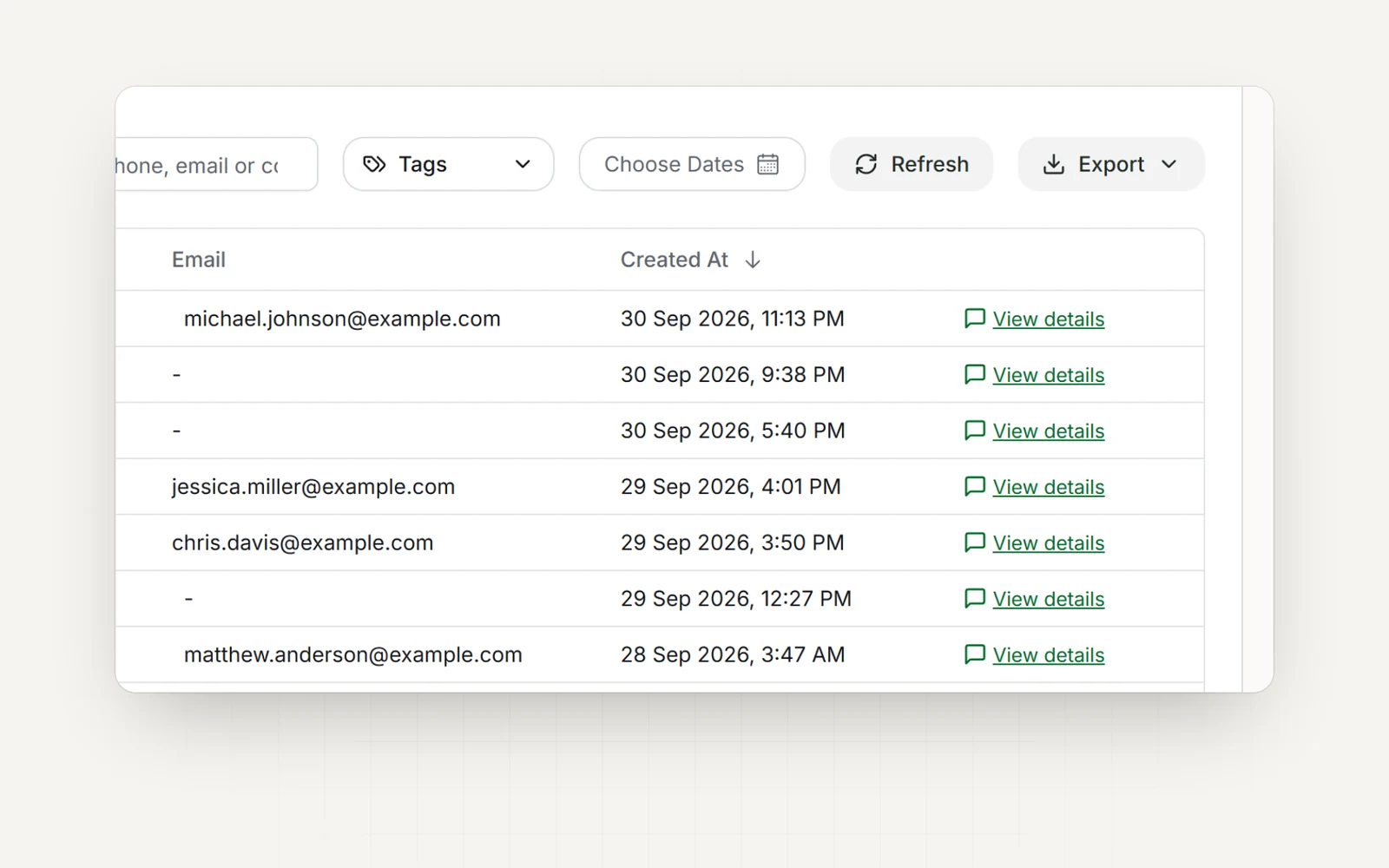 Leads list with tag filters, date range, and the Export button