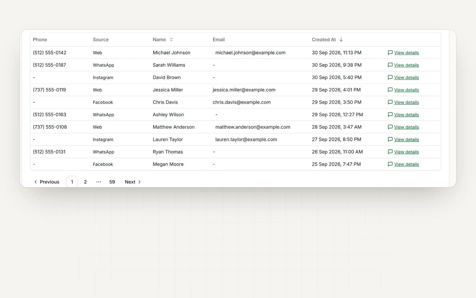 One inbox of leads from website, WhatsApp, Instagram, and Facebook, with contact details and links to each conversation