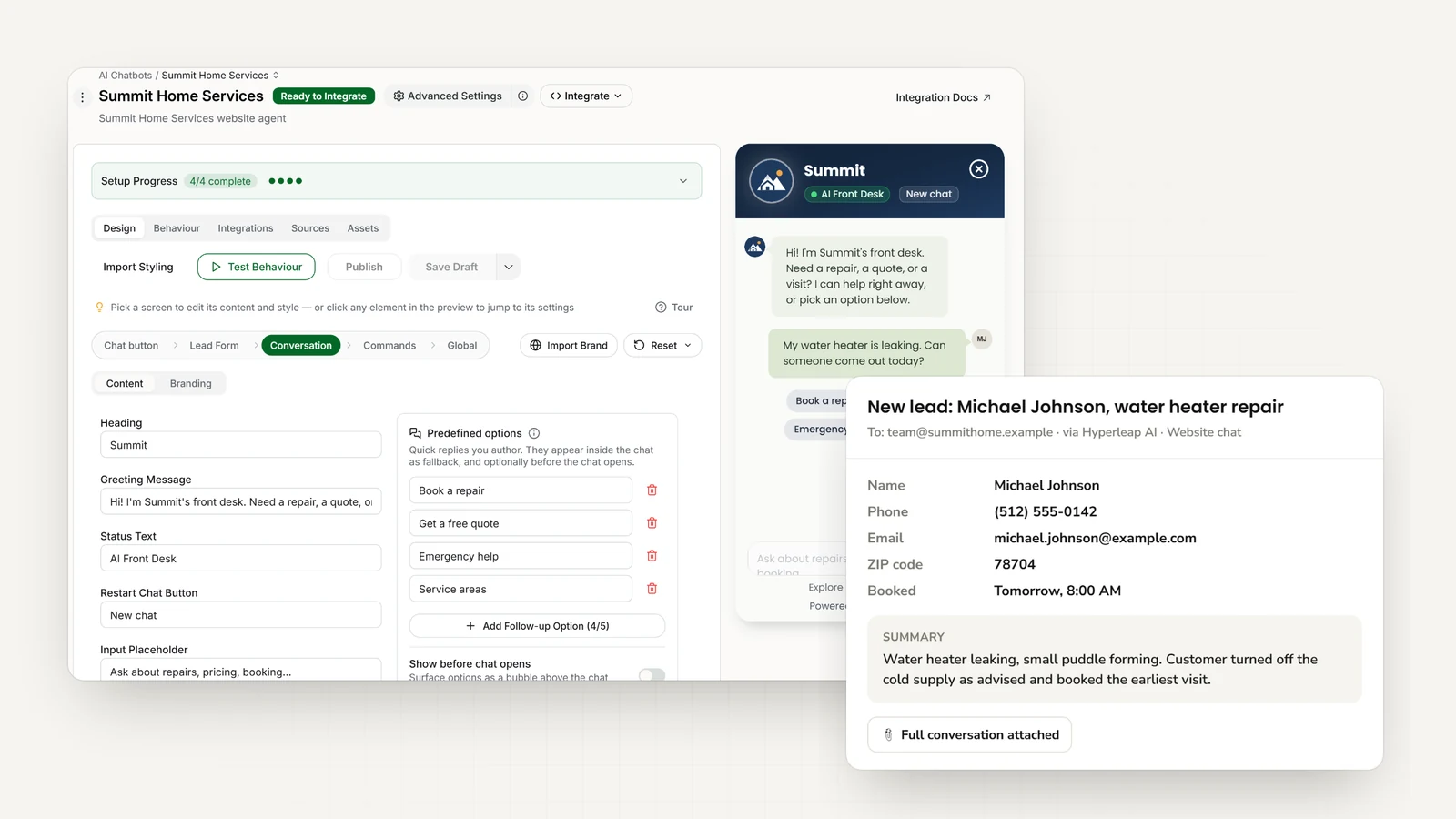 The Hyperleap AI editor for a sample home-services business, with the widget's greeting and quick replies (book a repair, get a free quote, emergency help, service areas), next to the new-lead email the team receives with the customer's details, booked time, and a summary