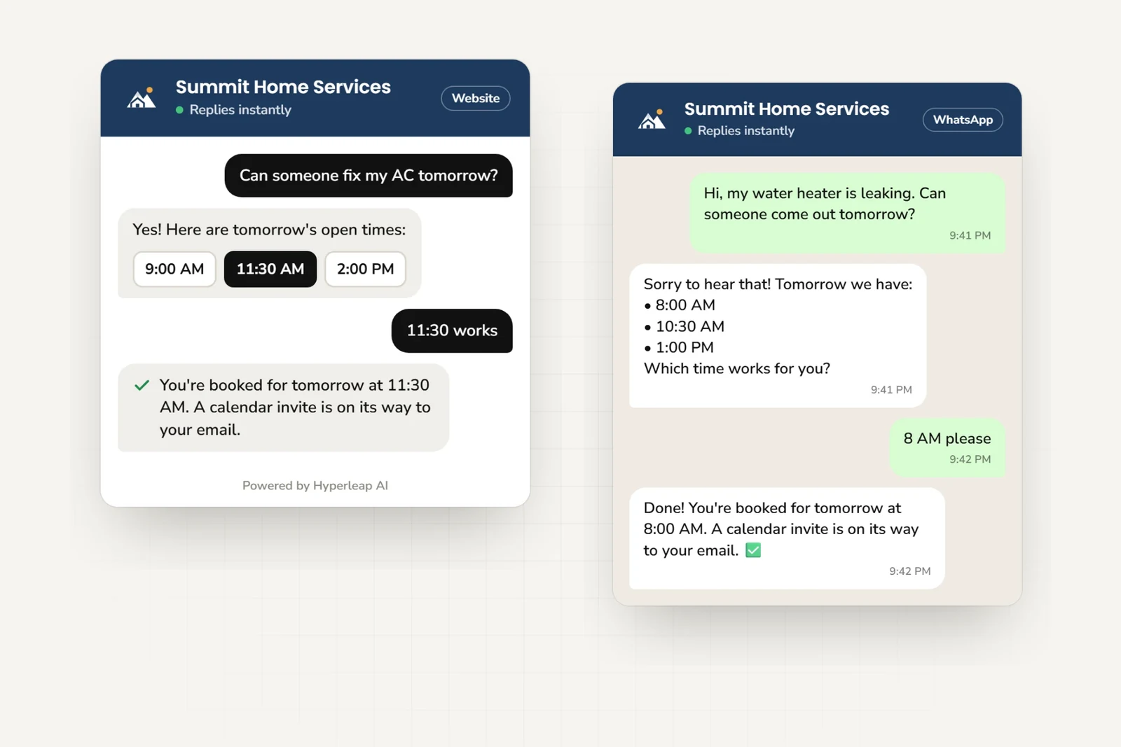 Booking in the chat: the website widget shows tappable open times and confirms the booking, and on WhatsApp the agent lists the times in text and confirms