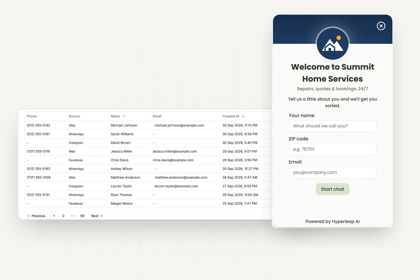 A pre-chat lead form asking for name, ZIP code, and email, beside a list of captured leads from website, WhatsApp, Instagram, and Facebook