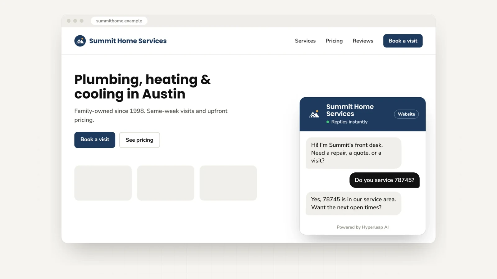 A sample business website with the Hyperleap AI chat widget open: a visitor asks whether their ZIP code is in the service area, and the AI confirms it and offers the next open times