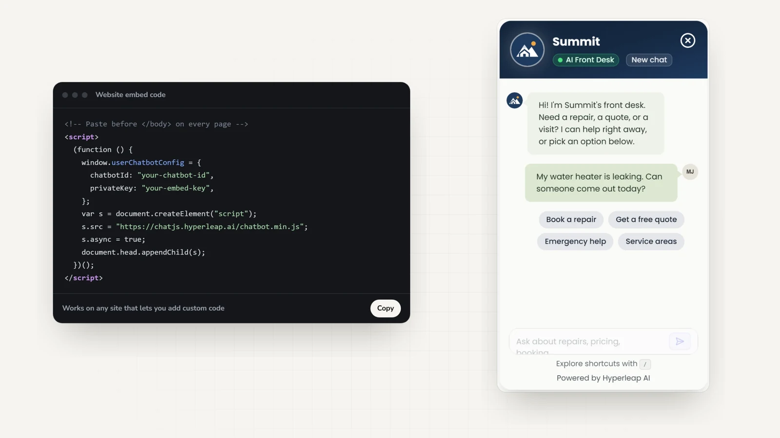 The Hyperleap website embed code, a short script with placeholders for the chatbot ID and embed key, next to the chat widget it loads on a sample business site