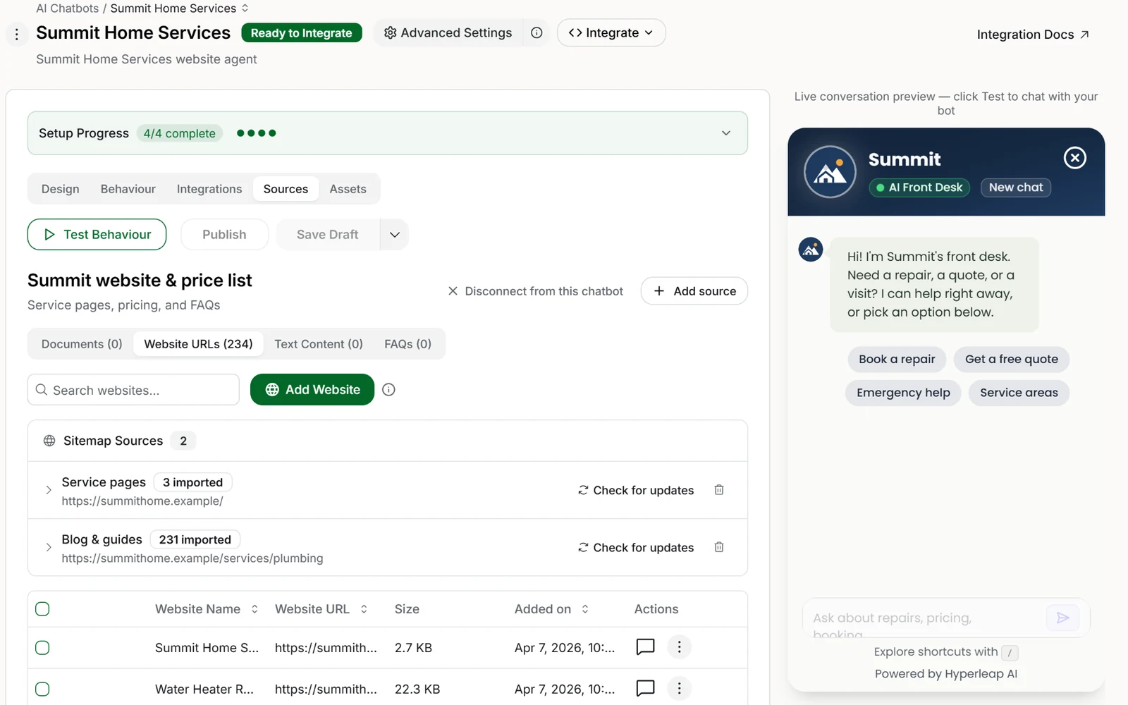 The Sources tab in Hyperleap AI Studio listing the website pages a business added, next to the chat widget answering a customer from them