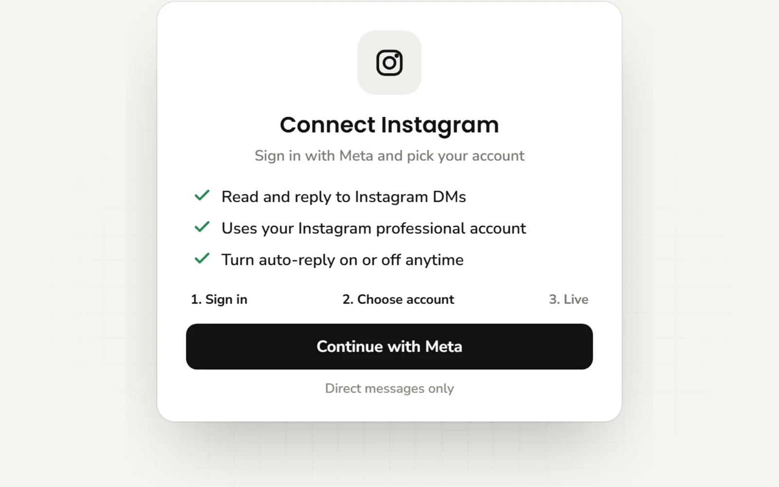 The Connect Instagram card in Hyperleap AI: sign in with Meta, choose your Instagram professional account, and turn auto-reply on or off; direct messages only