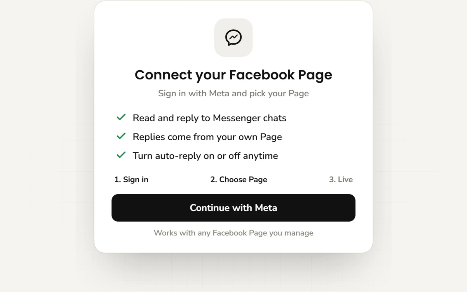 The Connect your Facebook Page card in Hyperleap AI: sign in with Meta, choose your Page, and replies come from your own Page
