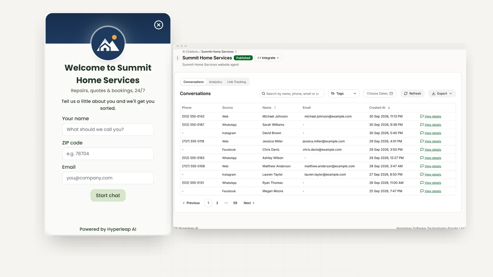 A pre-chat form asking for name, ZIP code, and email, next to the Conversations list in Hyperleap Studio with leads from Web, WhatsApp, Instagram, and Facebook