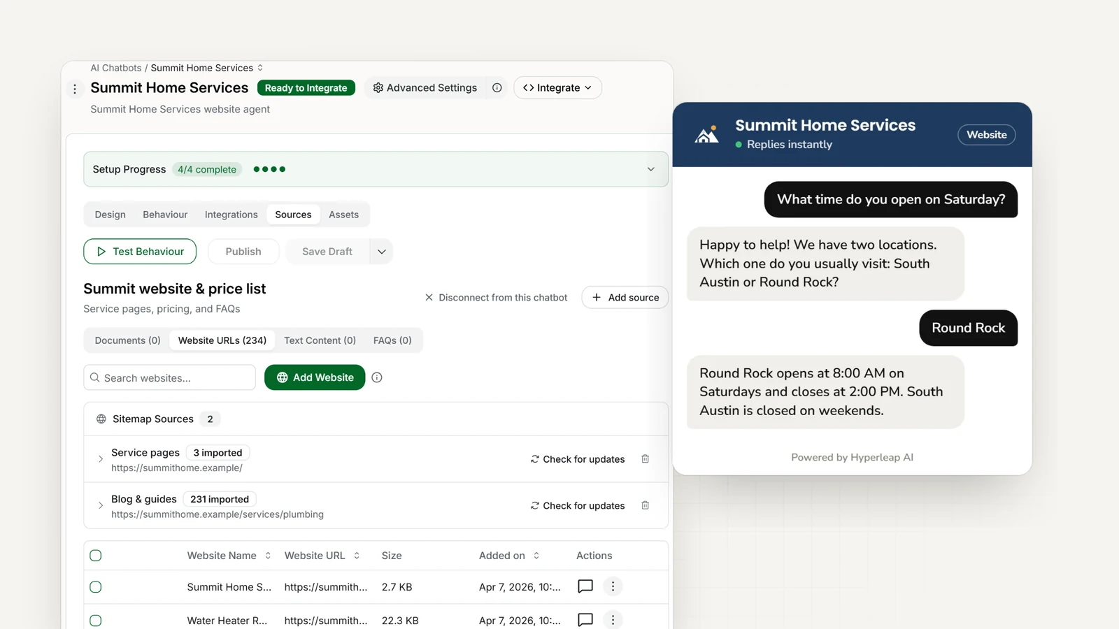 A sample business with two locations: its website sources in Hyperleap AI Studio, and the chat widget asking whether the customer means South Austin or Round Rock before giving that location's Saturday hours