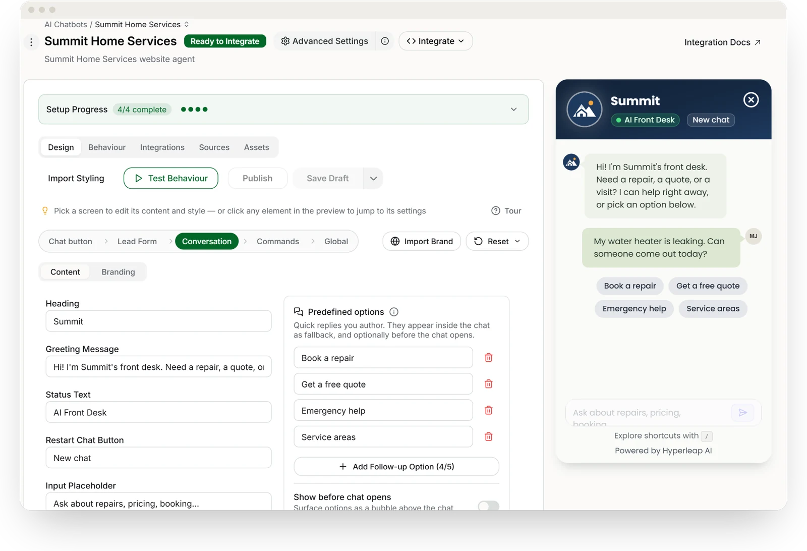 The design editor in Hyperleap AI Studio, editing the widget heading, greeting message, and quick replies, with a live preview of the chat widget